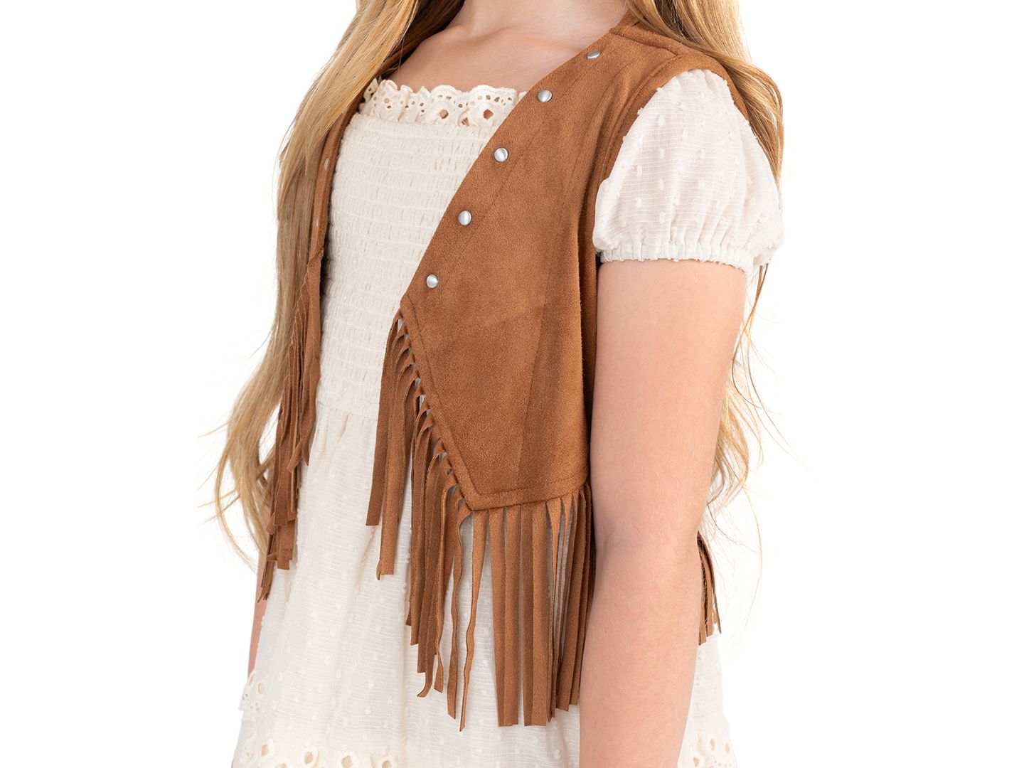 Комплект Rare Editions Suede Fringe Vest and Clip Dot Cotton Puff Sleeve Dress, 2-Piece Set для девочек, цвет: Слоновая кость — фото 2