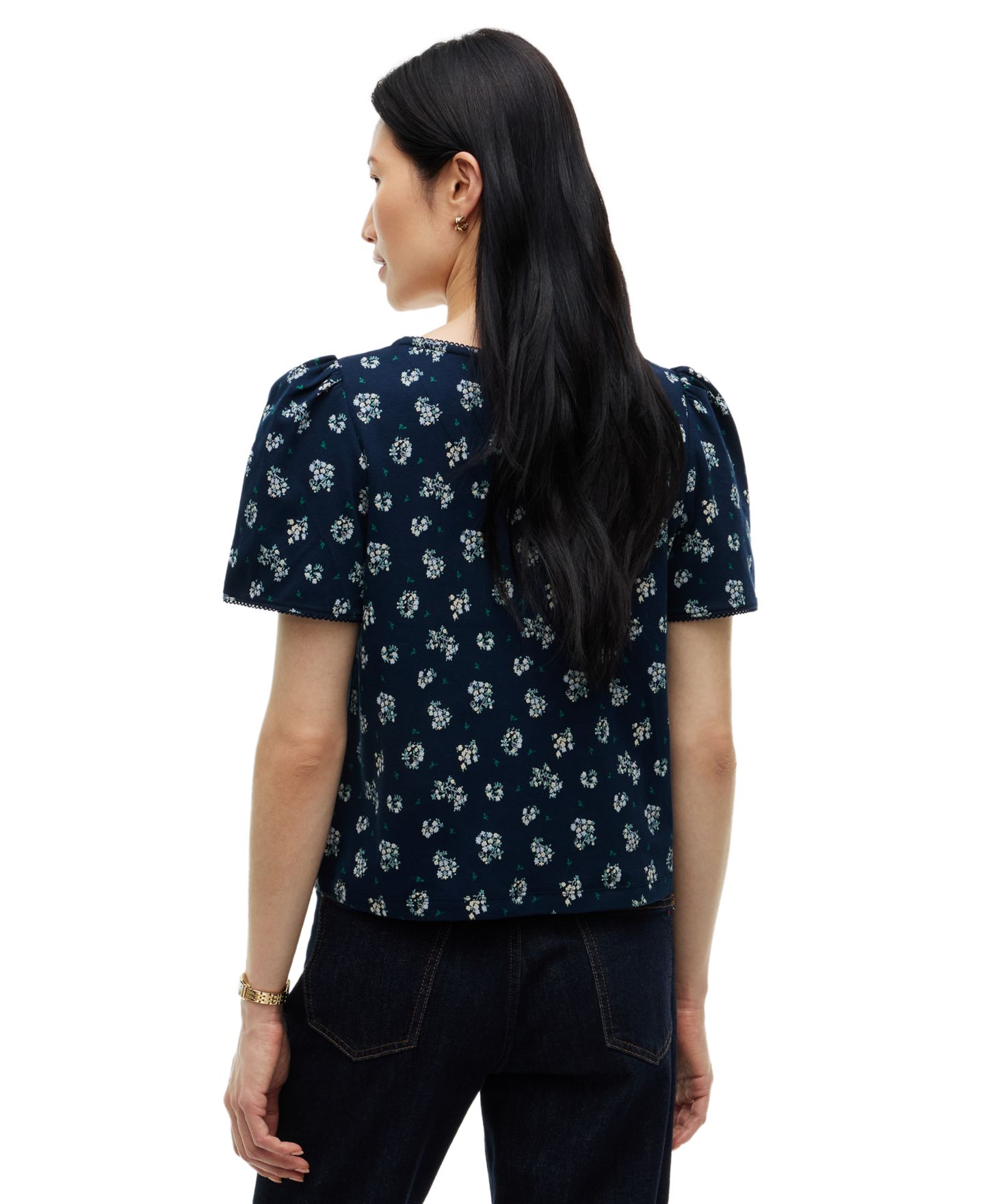 Женский топ Tommy Hilfiger Printed Contrast Trim Puff-Sleeve V-Neck Top, цвет: С принтом тёмный синий — фото 4