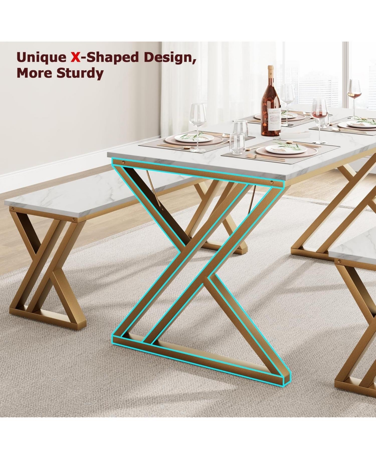 gaomon Retro Style Kitchen Dining Table Set for 4 with 2 Benches, Sturdy x-Shaped Metal Frame & Space-Saving Design for Small Kitchen