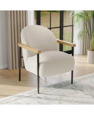 Comfy Chair, Modern Accent Chair with Teddy Fabric, Wood Arms, Metal Frame and Adjustable Feet, Mid Century Modern Chair for Living Room