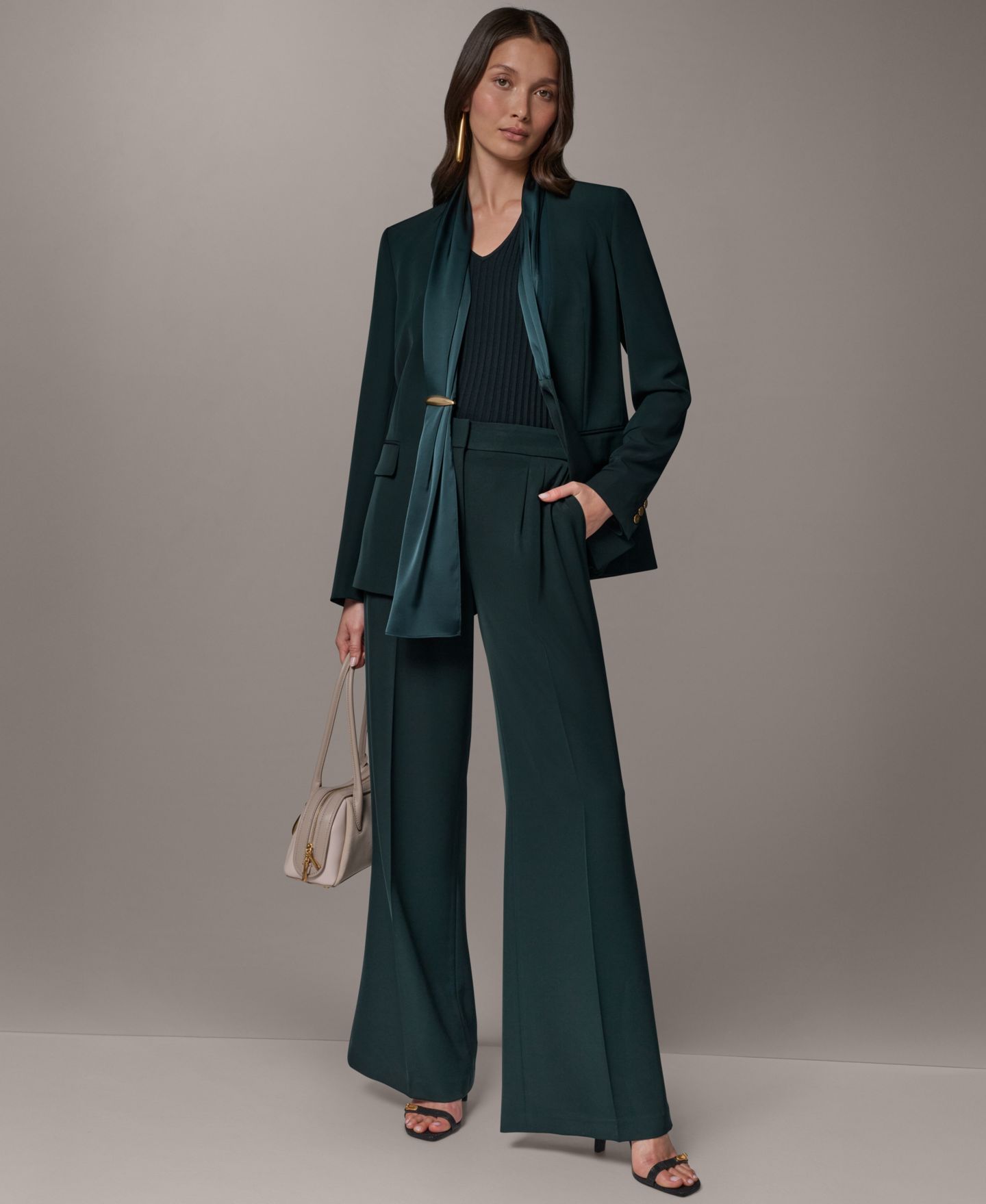 Женский пиджак Donna Karan New York Scarf Collar Blazer, цвет: Чёрный тёмно-зелёный — фото 12