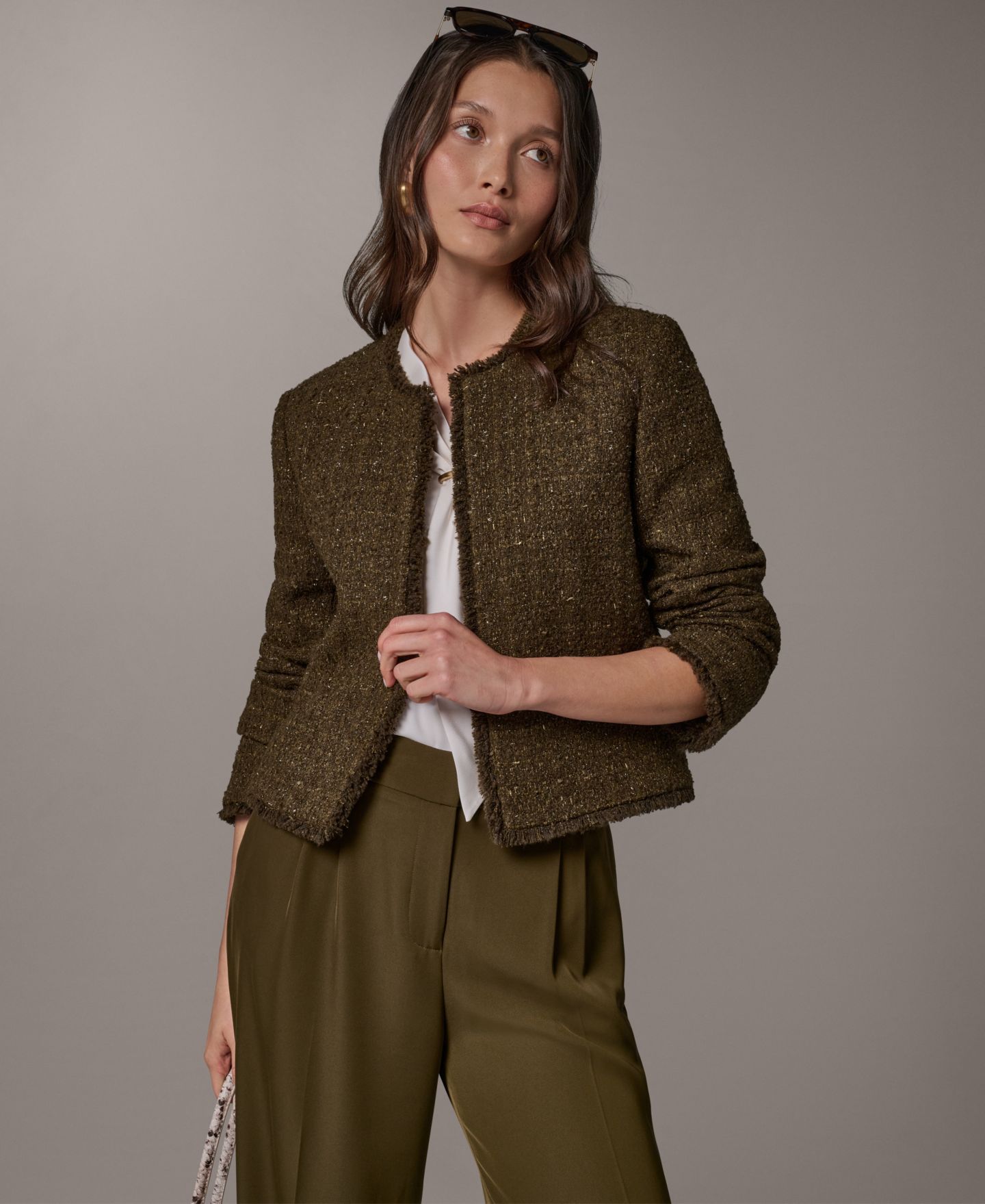 Женская куртка Donna Karan New York Open-Front Fring, цвет: Оливковый / Золотой — фото 9