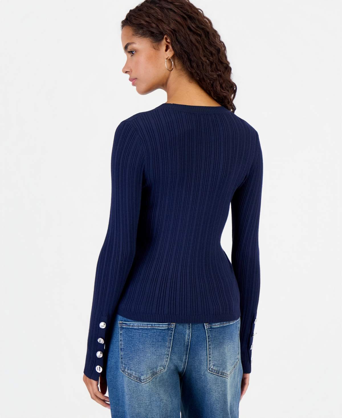Hooked Up by Iot Juniors' Button Fine Gauge Crewneck Ribbed Cardigan