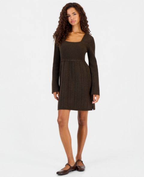 Женское платье Hooked Up by IOT Juniors' Babydoll Square Neck Sweater Dress, цвет: Шоколадный коричневый
