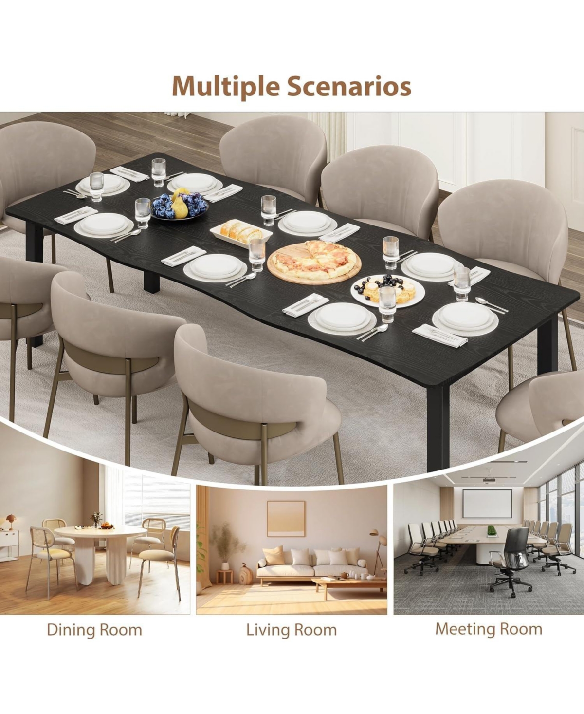 gaomon Dining Table for 6-8, Rectangular Mdf Top with Wave Edge, Durable Metal Frame, Waterproof & Scratch-Resistant