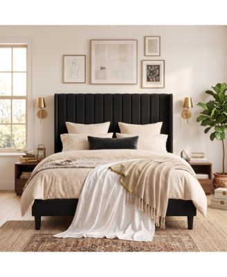 Upholstered Platform Bed Frame with 52 Inch High Vertical Channel Tufted Wingback Headboard, Wooden Slat Support, No Box Spring Needed