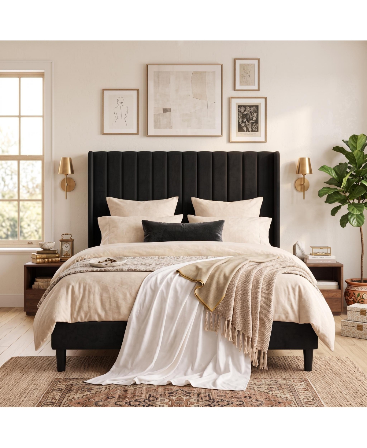 Upholstered Platform Bed Frame with 52 Inch High Vertical Channel Tufted Wingback Headboard, Wooden Slat Support