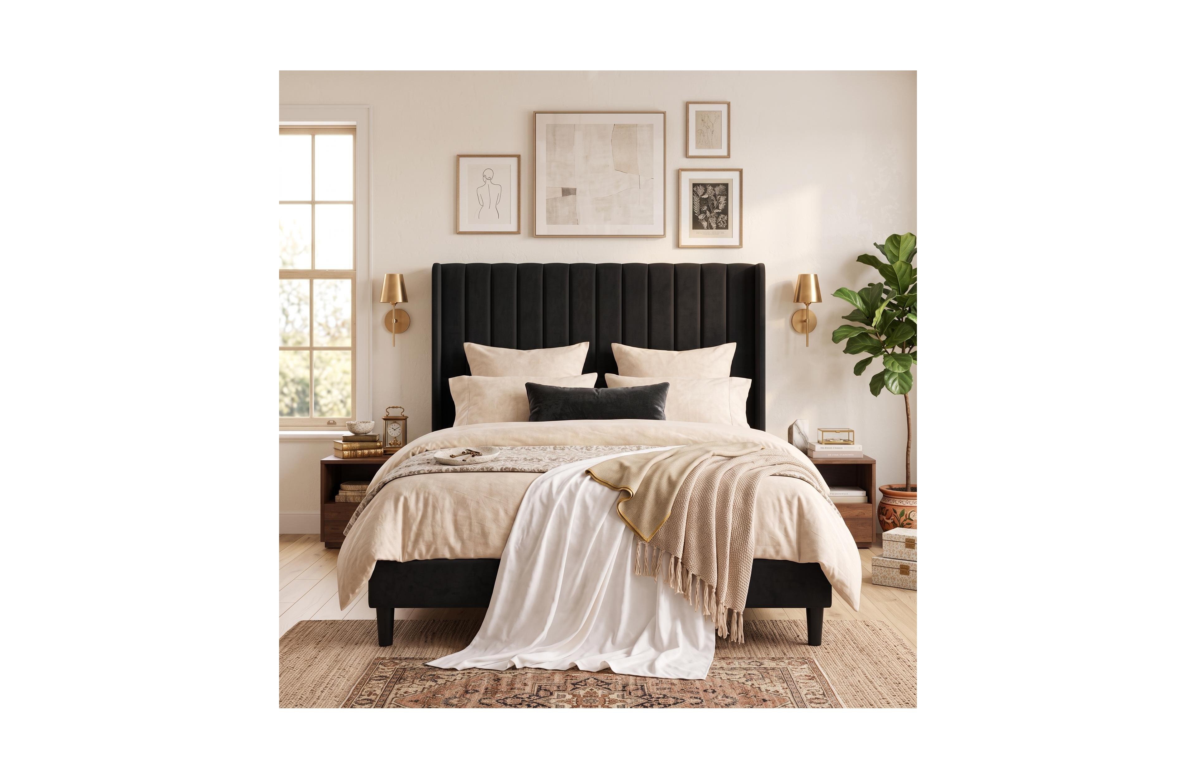 Upholstered Platform Bed Frame with 52 Inch High Vertical Channel Tufted Wingback Headboard, Wooden Slat Support