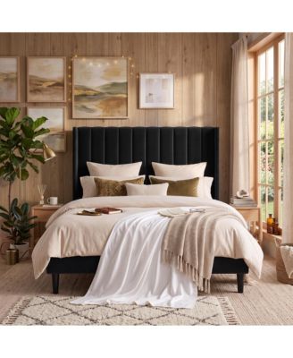 Upholstered Platform Bed Frame with 52 Inch High Vertical Channel Tufted Wingback Headboard, Wooden Slat Support, No Box Spring Needed