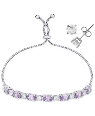 Simulated Citrine Cubic Zirconia Oval Round Adjustable Bracelet with Stud Earrings 2-Piece Set