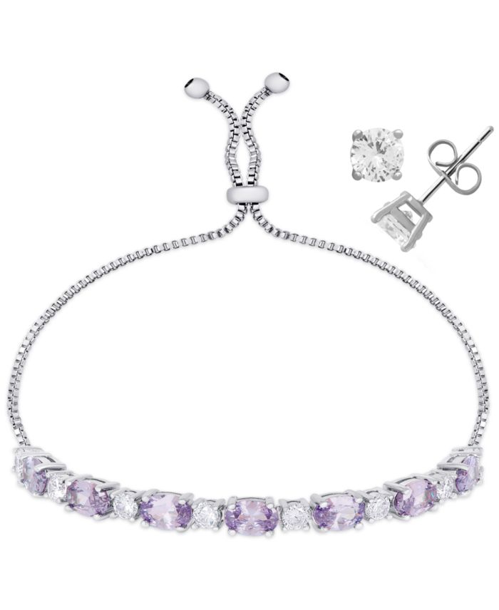 Oval Simulated Gemstone and Round Adjustable Tennis Bolo Bracelet with — 2 piece
