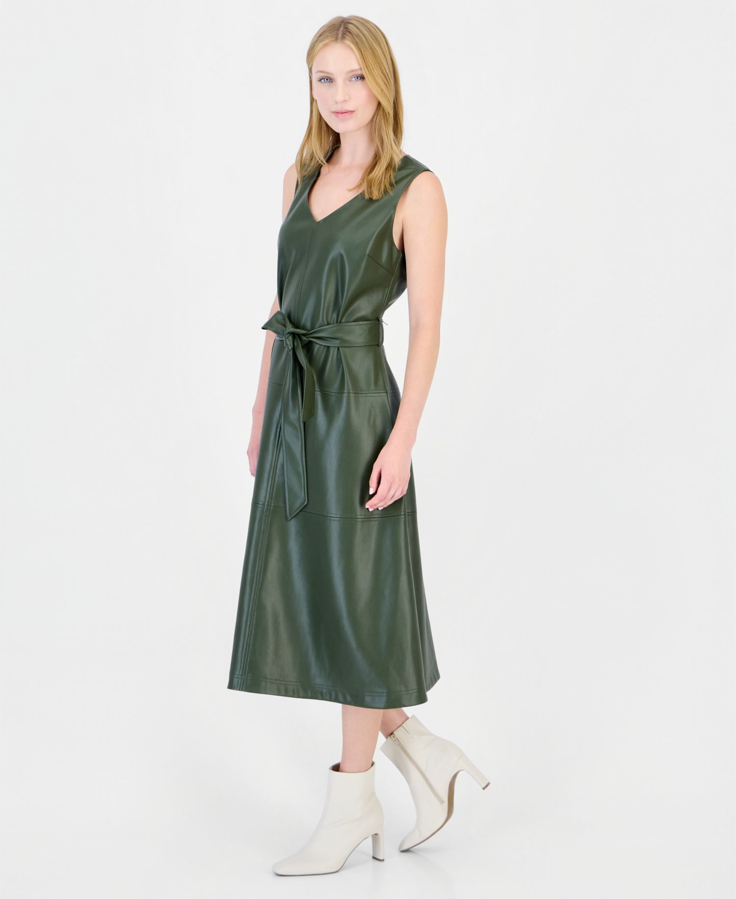 Women's Faux Leather Tiered V-Neck Midi Dress