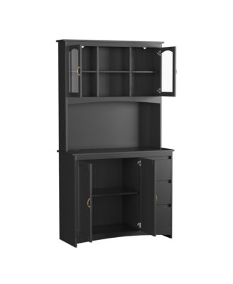 71" Tall Kitchen Pantry Cabinet with LED Lights and Charging Station, 3 Drawers, Glass Doors, Adjustable Shelves
