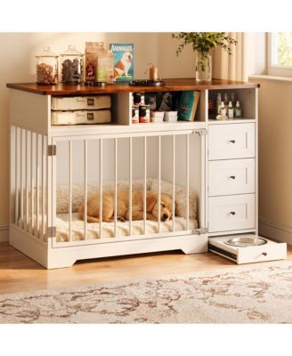 48 Inch Dog Crate Furniture with Bowl and Drawers, Farmhouse Medium Small Dog Kennel, Storage Crate Table for Dogs for Living Room