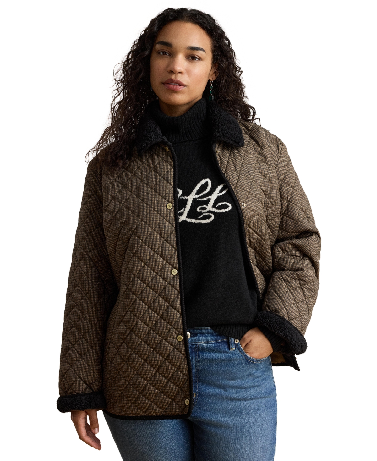 Lauren Ralph Plus Faux-Sherpa-Collar Quilted Coat