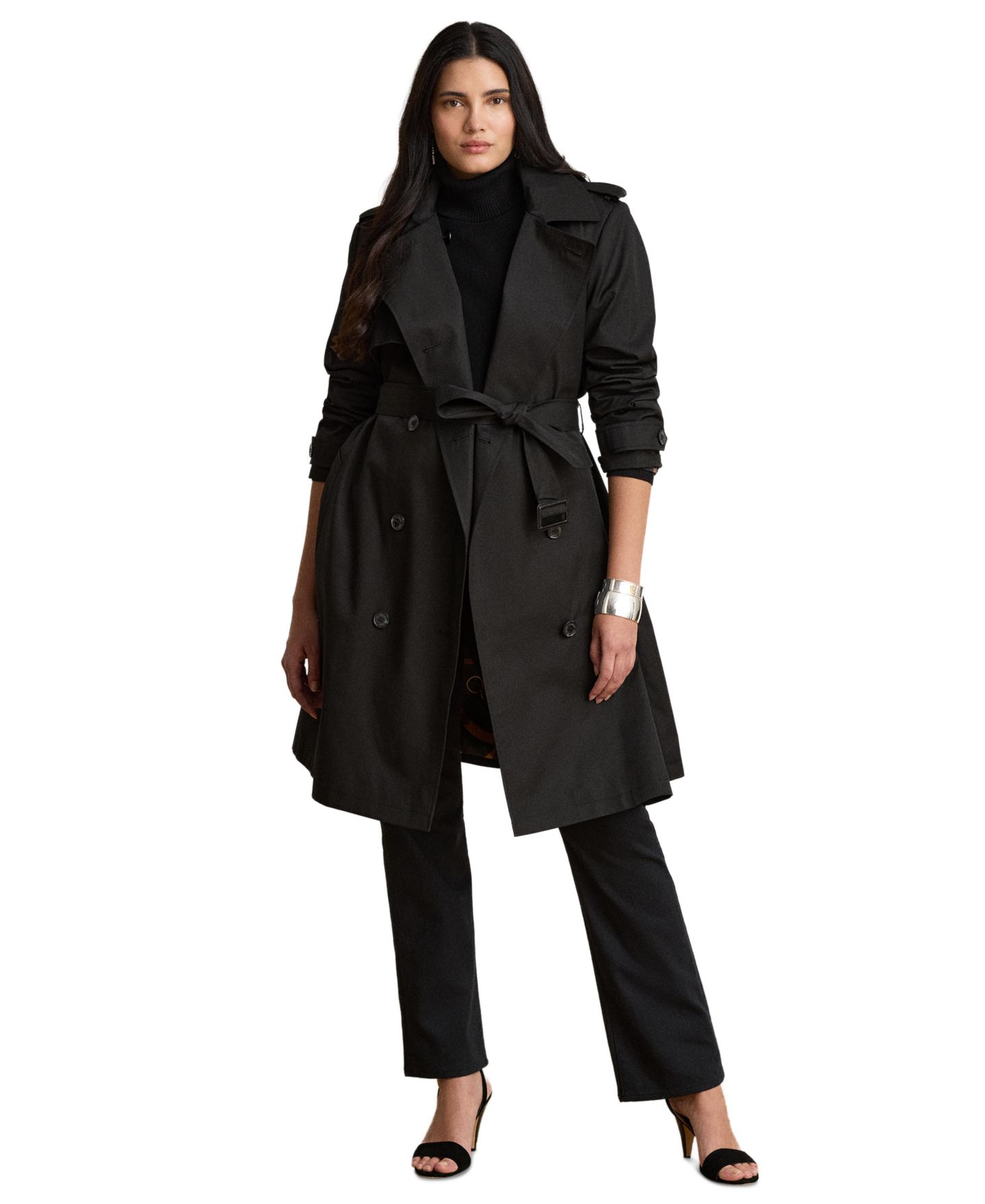 Женское пальто Lauren Ralph Lauren Plus Size Double Breasted Trench Coat, цвет: Чёрный — фото 2