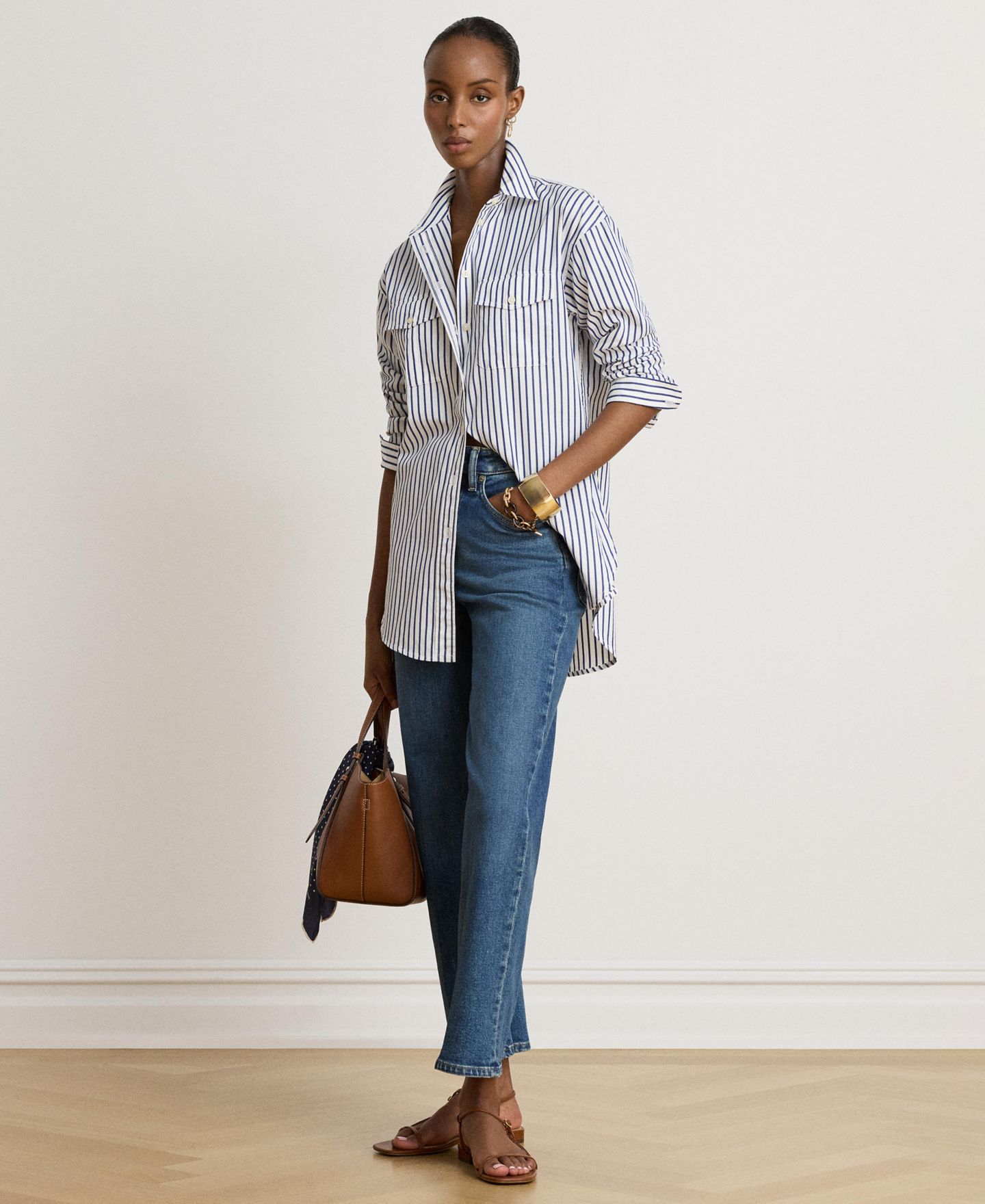 Женская рубашка Lauren Ralph Lauren Striped Collared, цвет: Синий / Белый — фото 6