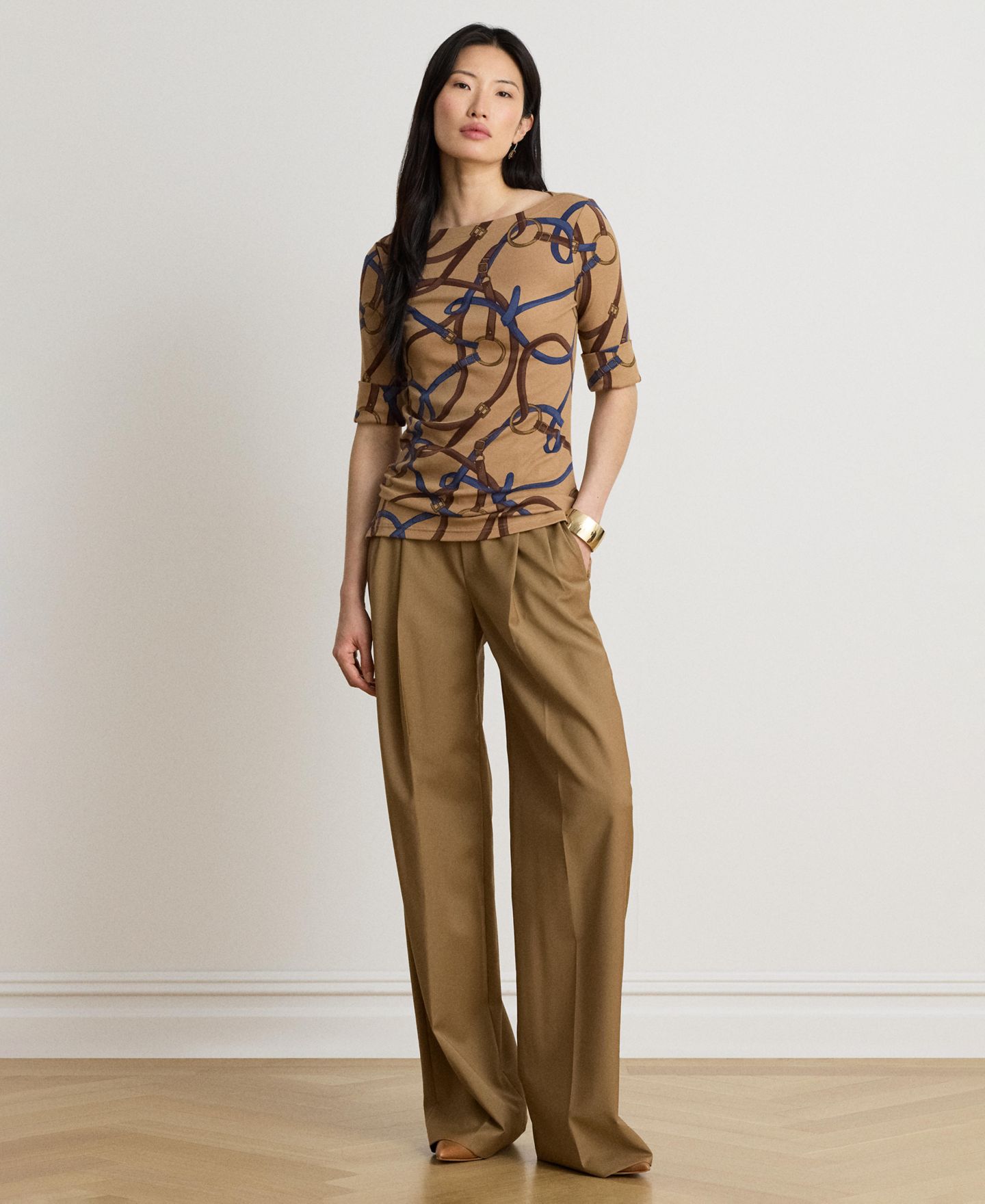Женский топ Lauren Ralph Lauren Belting Print Boat Neck, цвет: Верблюжий разноцветный — фото 3