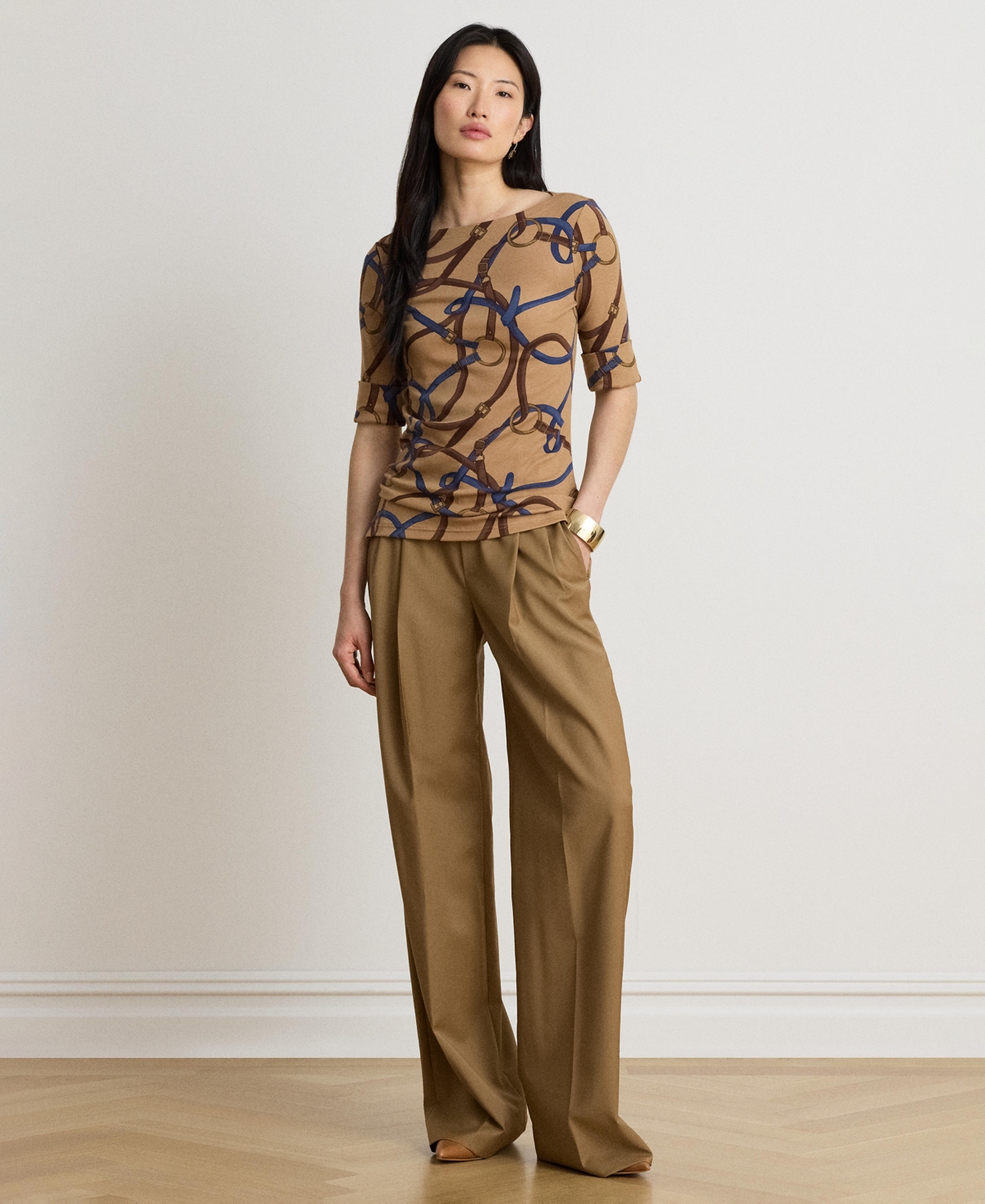Lauren Ralph Women's Belting Print Boat Neck Top