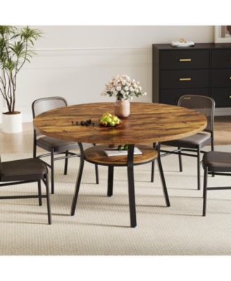  Round Dining Table for 4, Farmhouse Table with Storage Shelf