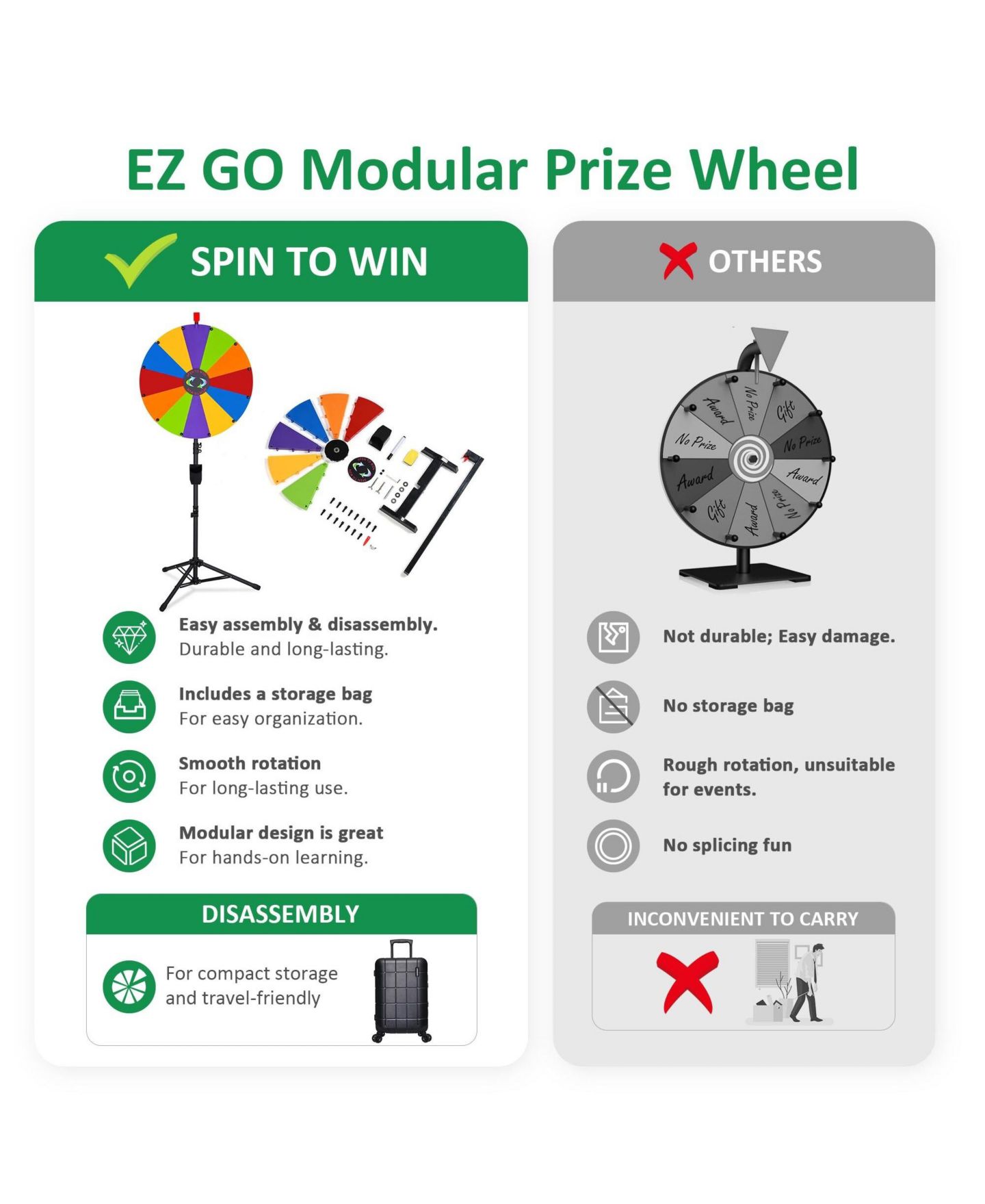 Детские игрушки WinSpin 24" DIY Modular Prize Wheel 12 Slots with Floor Stand Height Adjustable for Carnival Spinner Game Events School, цвет: Natrual — фото 4