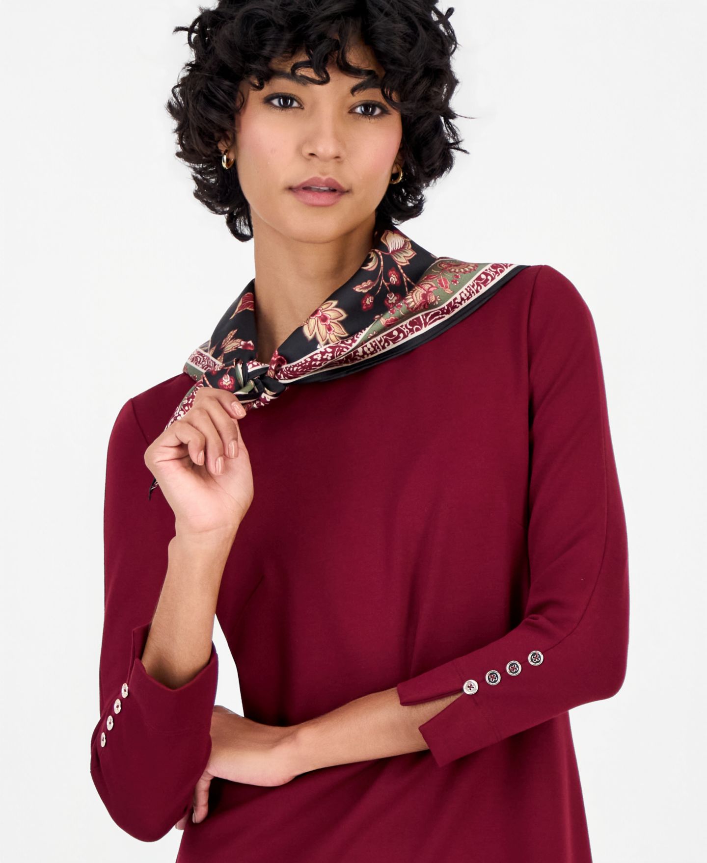 Женское платье Jones New York Petite 3/4-Sleeve Midi with Combo Scarf, цвет: Винный — фото 2