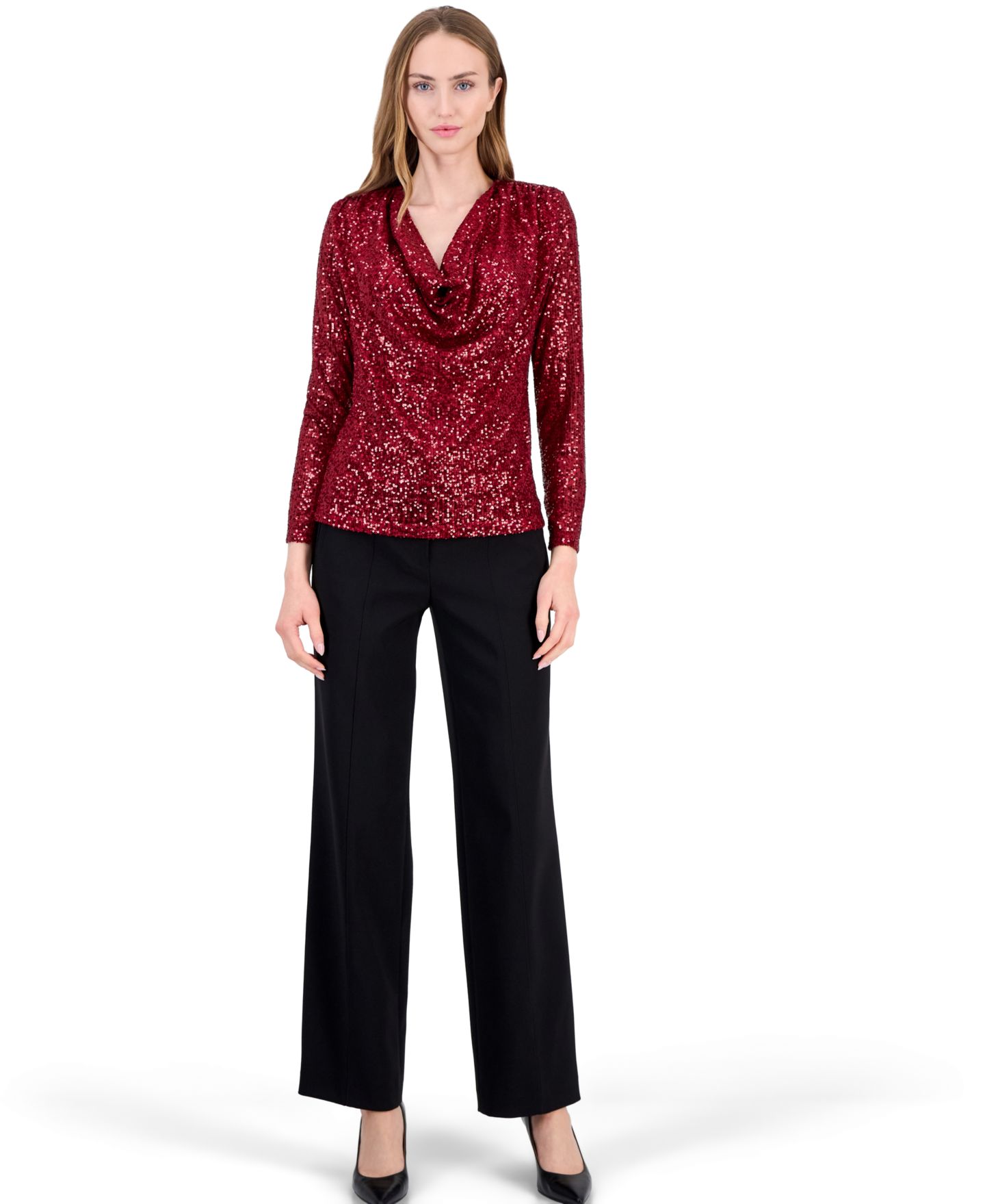 Женская блузка Anne Klein Sequin Long Sleeve Cowl Neck, цвет: Красный — фото 3
