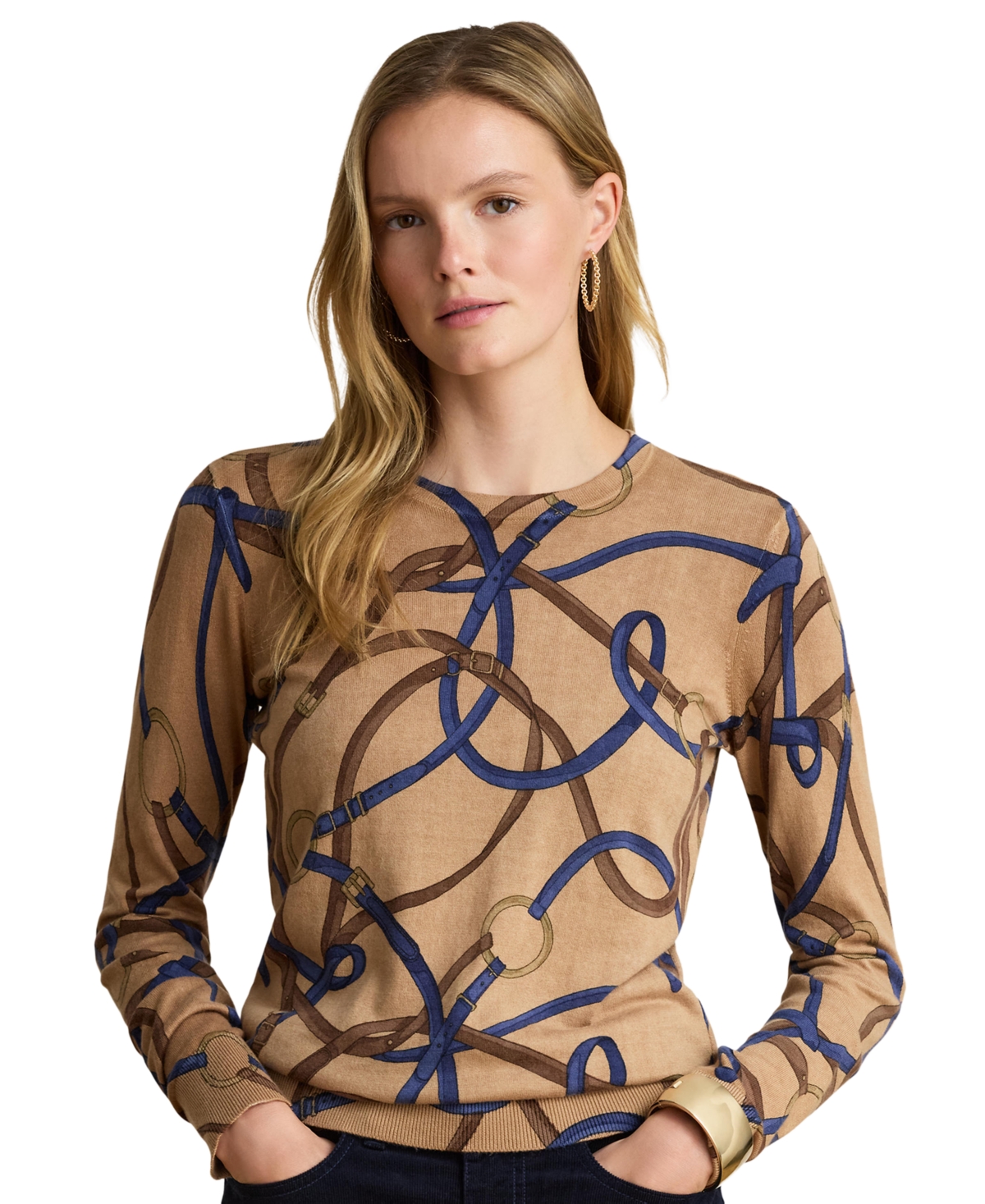 Lauren Ralph Women's Belting-Print Cotton-Modal Sweater