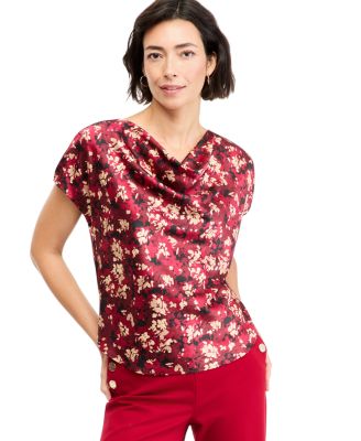 Women's Cowl Neck Floral-Print Short Sleeve Blouse