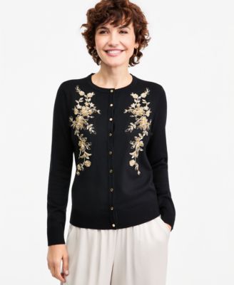 Women's Embellished Floral Applique Button-Front Cardigan