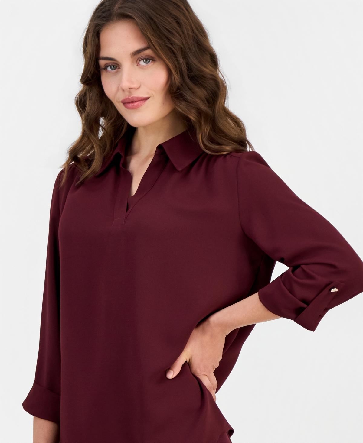 Anne Klein Essentials Petite V-Neck 3/4-Length Roll-Tab Sleeve Blouse