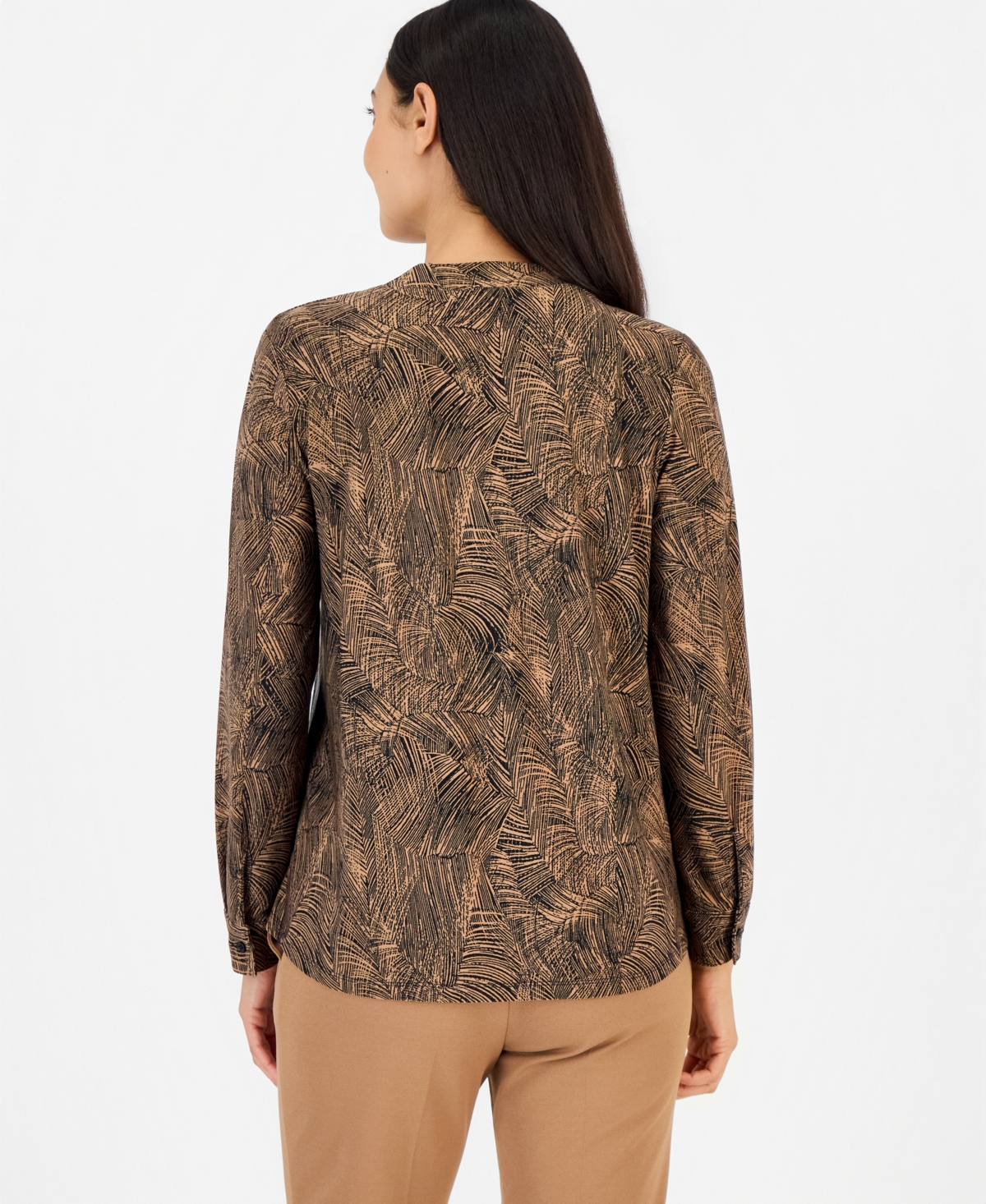 Anne Klein Essentials Petite Long-Sleeve Split-Neck Yoke Blouse