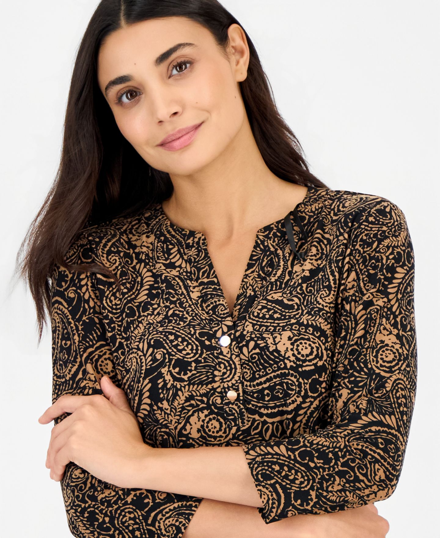 Женский топ Anne Klein Essentials Petite Woodblock-Print V-Neck 3/4-Sleeve Henley, цвет: Чёрный — фото 3