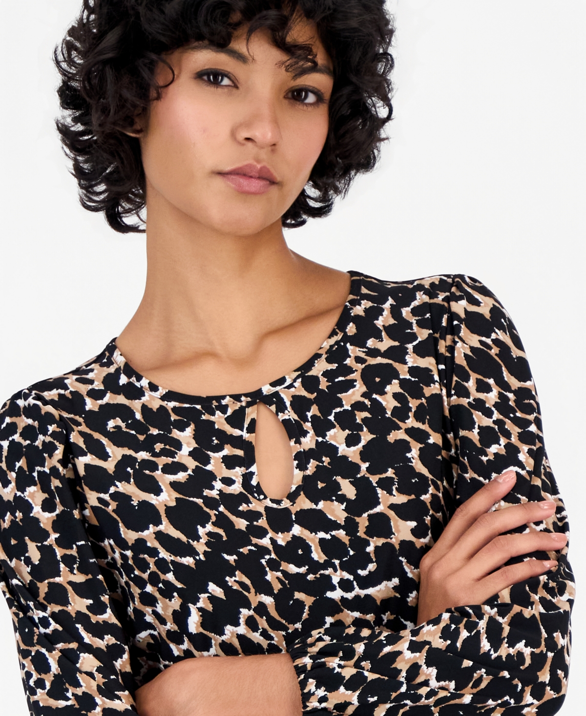 Anne Klein Essentials Petite Long-Sleeve Keyhole Blouse