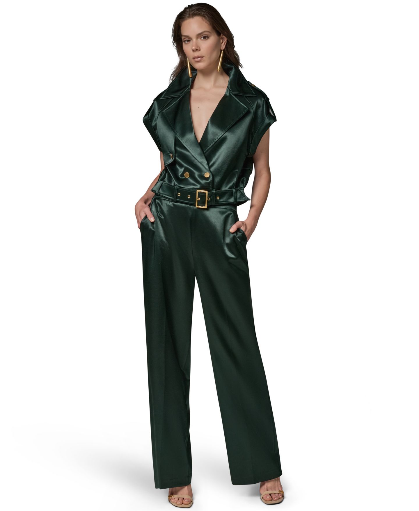 Женский жилет Donna Karan New York Luxe Drape Satin Belted Vest, цвет: Чёрный тёмно-зелёный — фото 2