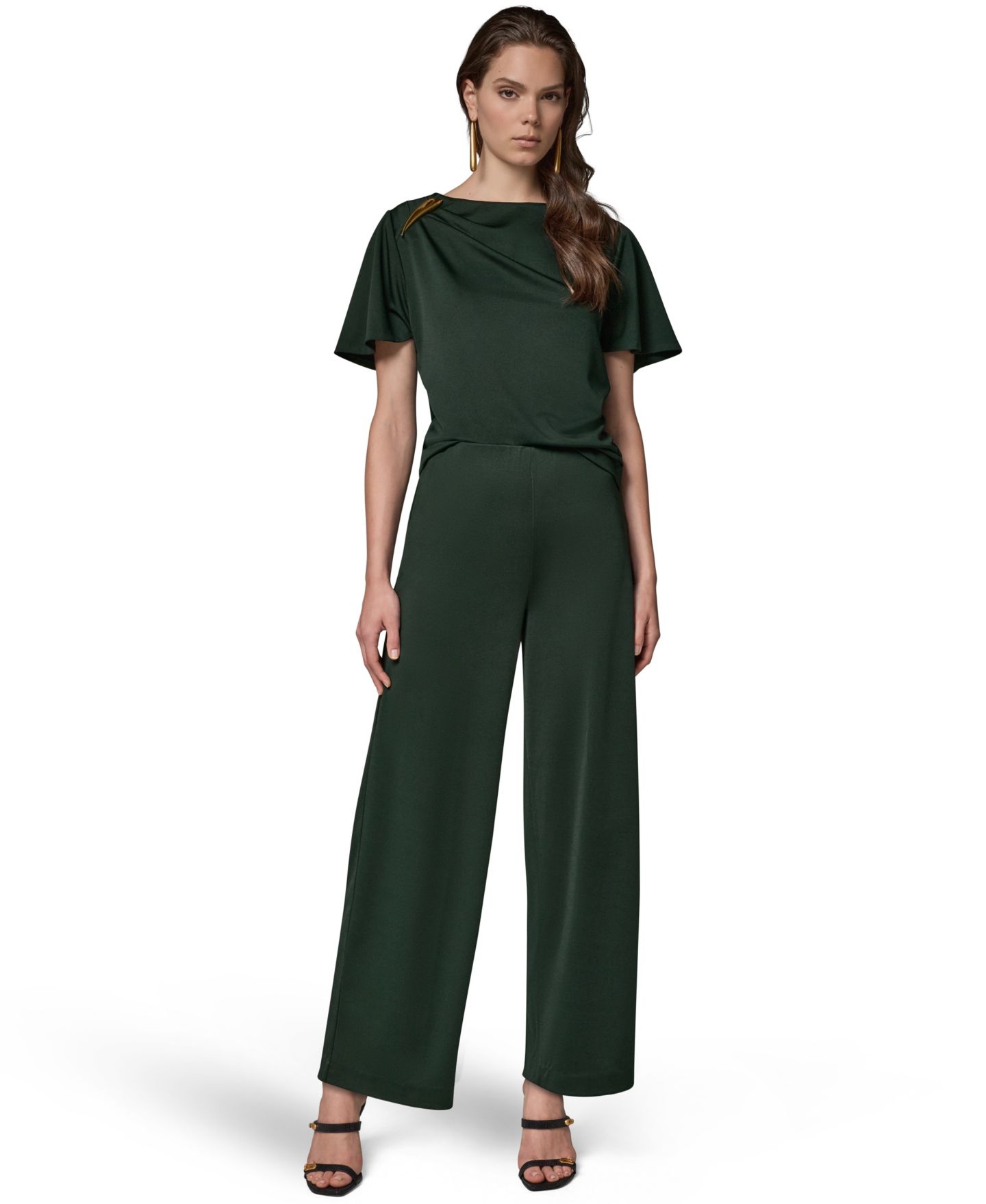 Женские брюки Donna Karan New York Wide-Leg Pull-On, цвет: Чёрный тёмно-зелёный — фото 2