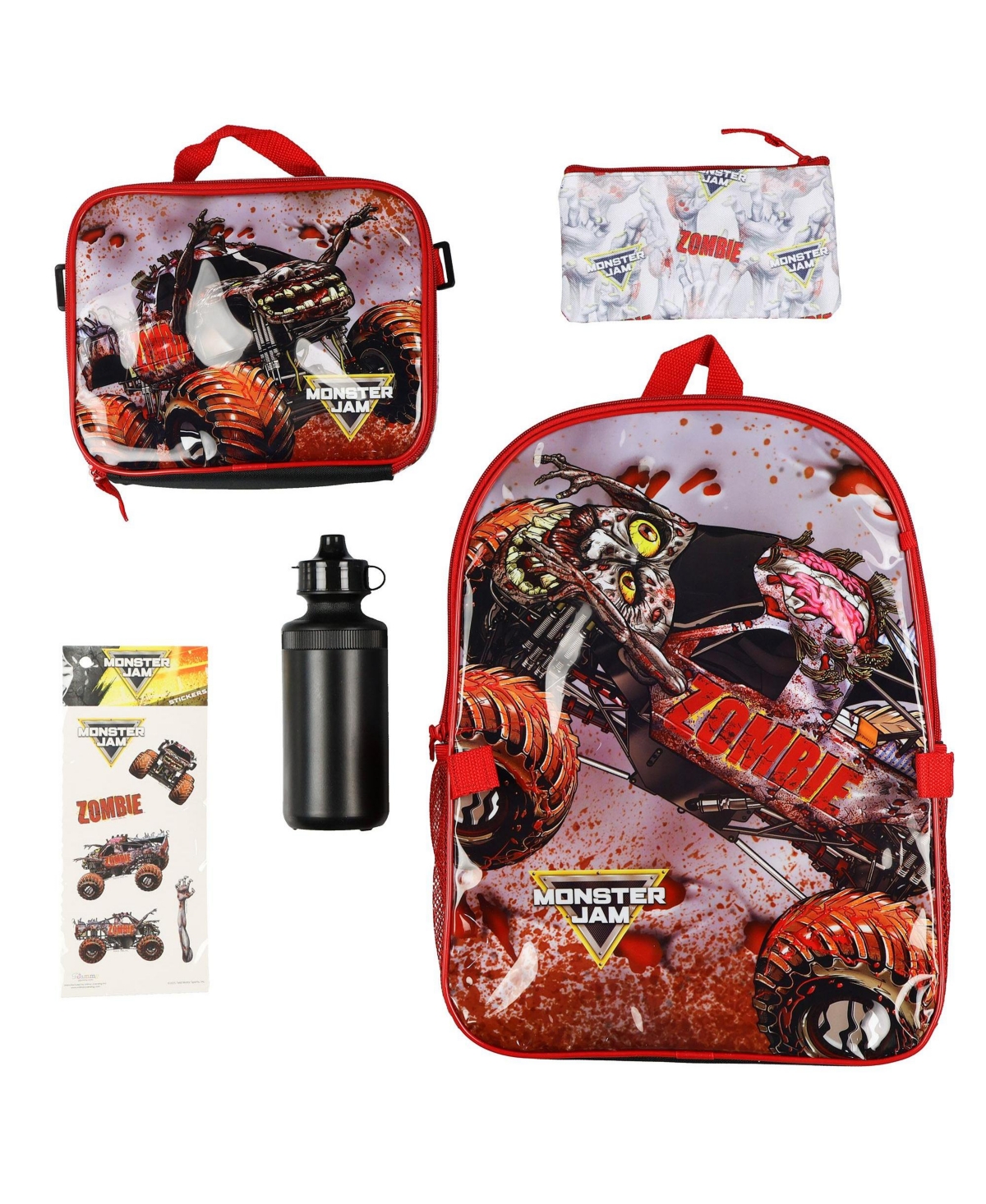 Monster Jam Zombie 5 Piece 16 Inch Backpack Set with Detachable Lunch Box Book Bag