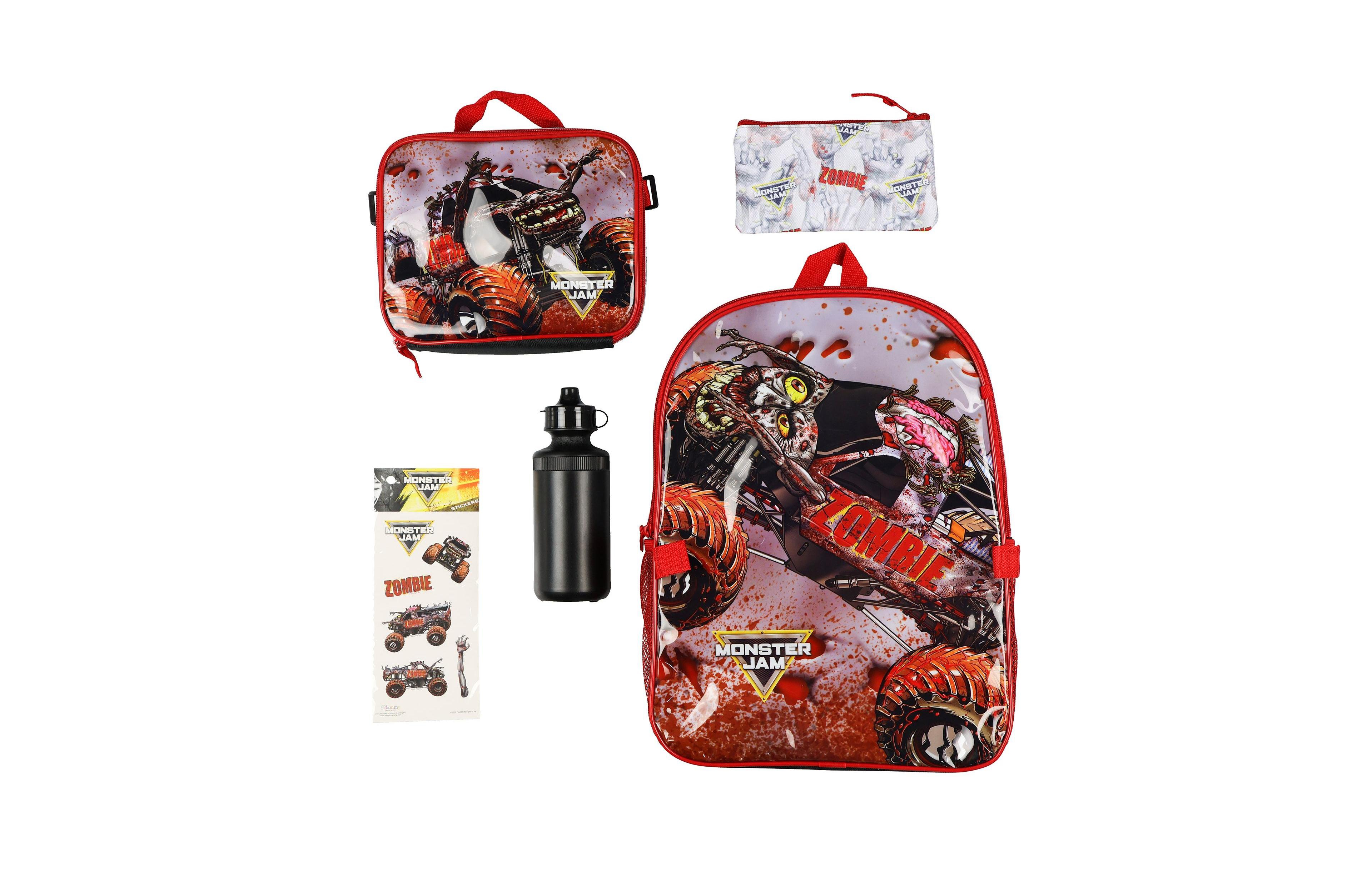 Monster Jam Zombie 5 Piece 16 Inch Backpack Set with Detachable Lunch Box Book Bag