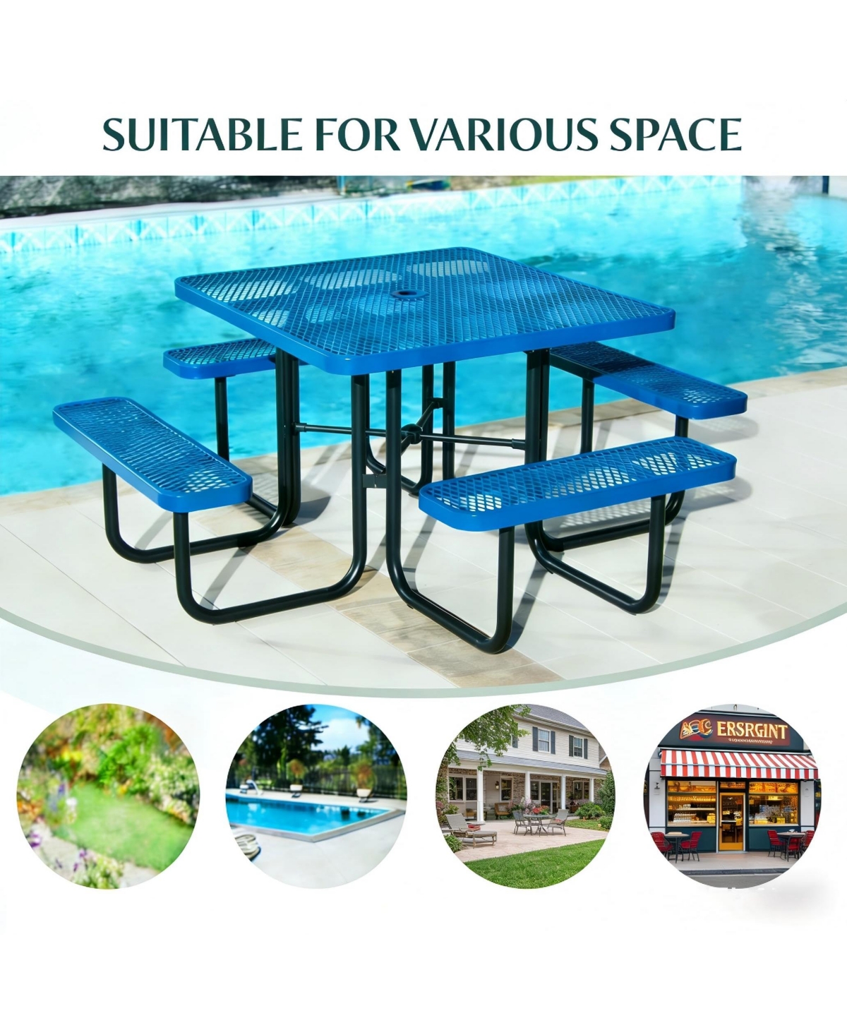 homfan Heavy Duty Metal Picnic Tables for Outdoors with Umbrella Hole, Square Top Coated Steel Commercial Grade Furniture Set Weather