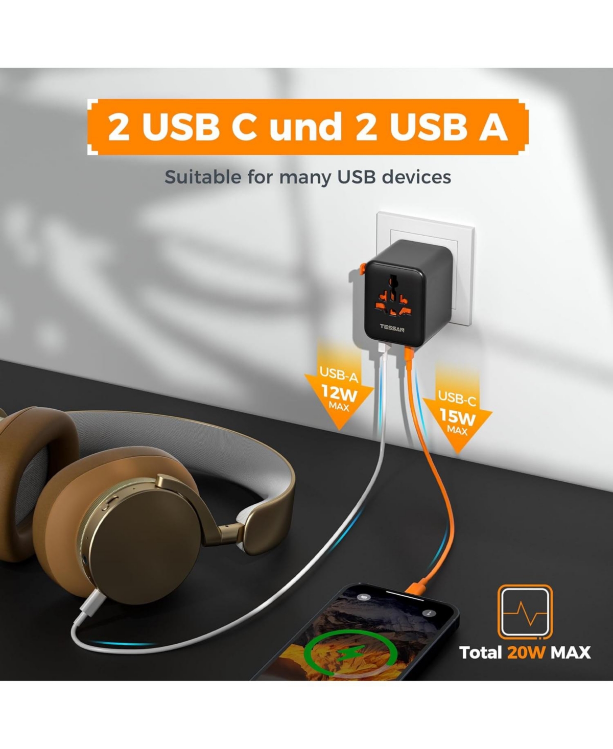 Tessan Universal Travel Adapter with 4 Usb Ports (2 Usb-c)