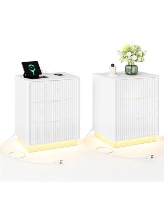Fluted Nightstand Set of 2, Wooden Night Stand with Charging Station and LED Light, Modern Mid Century Bedside End Table with 3 Drawers