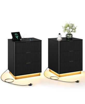 Fluted Nightstand Set of 2, Wooden Night Stand with Charging Station and LED Light, Modern Mid Century Bedside End Table with 3 Drawers