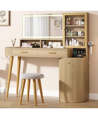 Vanity Desk with Light Mirror, 47.2 Inch Vanity Table with Stool and Charging Station, Makeup Table with Drawer and Cabinet and Glass Door