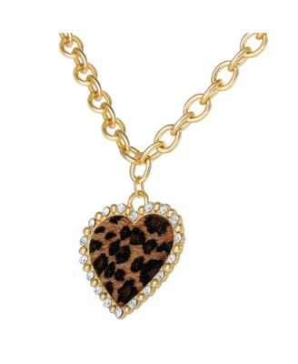 Chunky Heart Necklace for Women with Cheetah Print and Pave Crystals, 18"+2" Heart Pendant Necklace