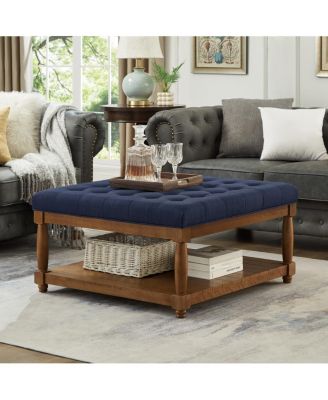   Tufted Linen Upholstered Ottoman Coffee Table with Wood Shelf