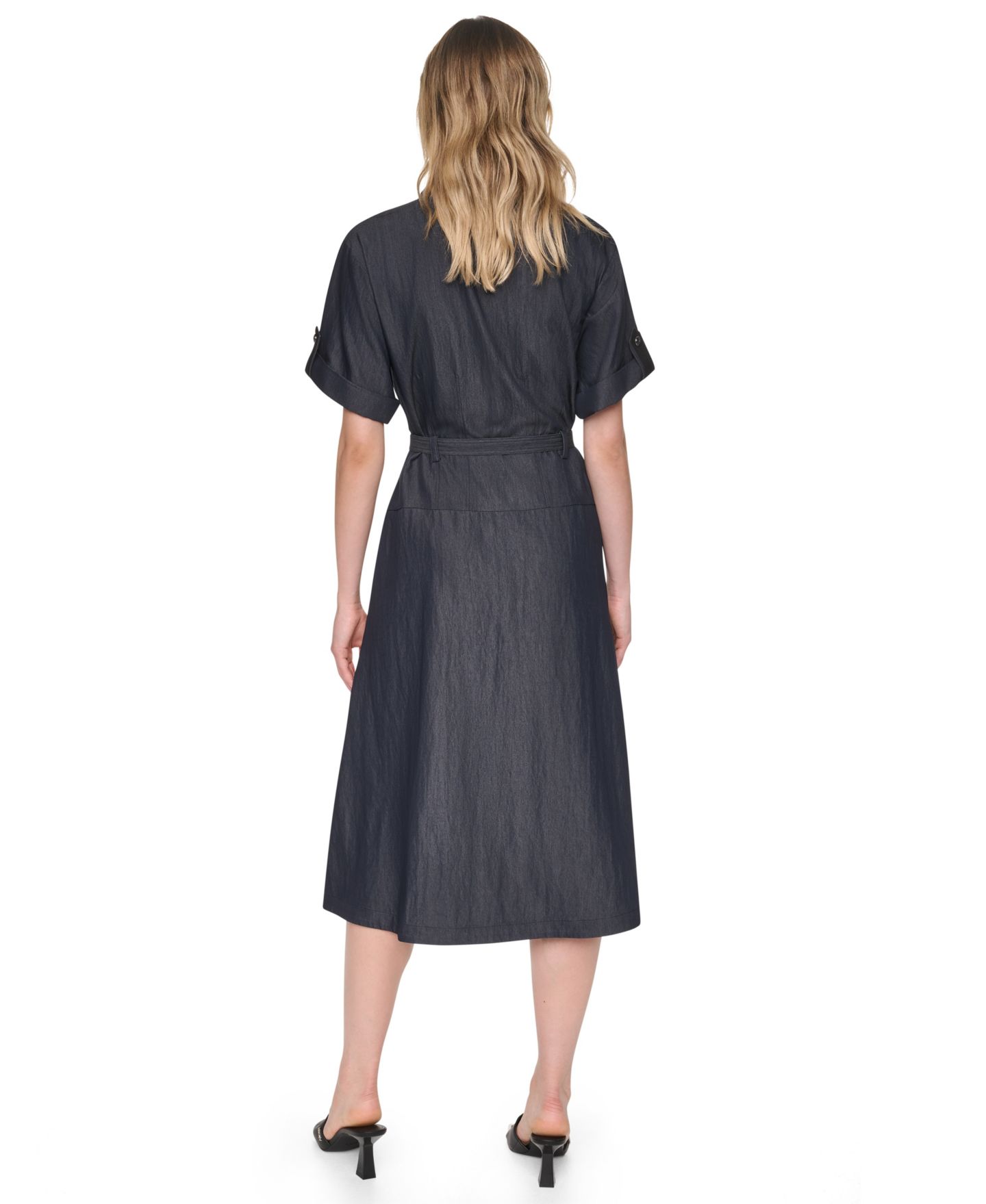 Женское платье DKNY Collared Short-Sleeve Removable Belt Midi, цвет: Тёмный индиго варёный — фото 5