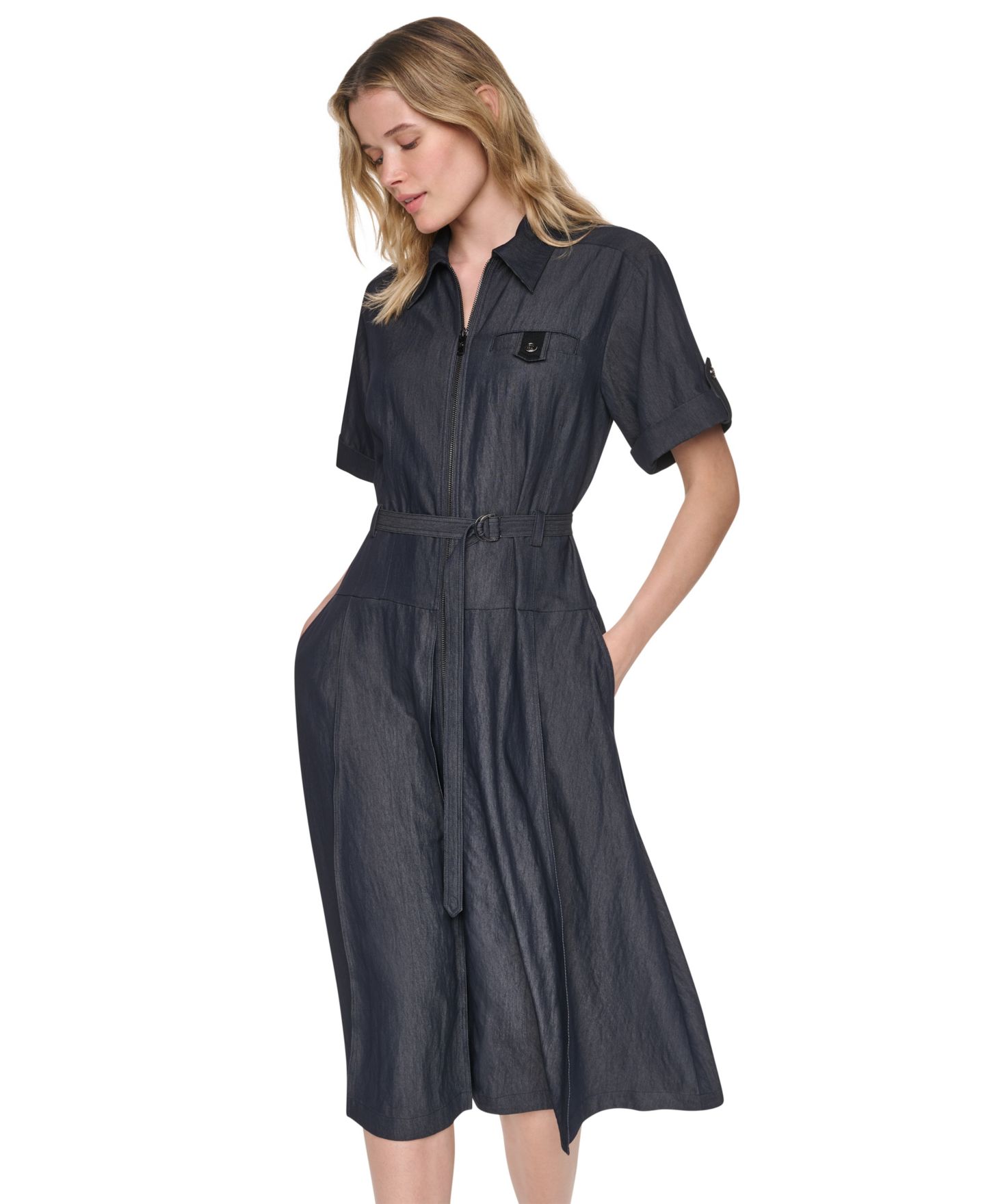 Женское платье DKNY Collared Short-Sleeve Removable Belt Midi, цвет: Тёмный индиго варёный — фото 6