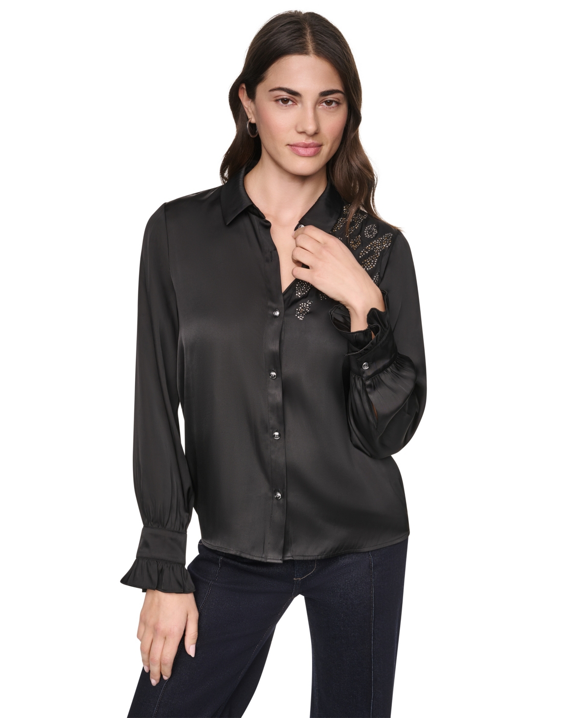Dkny Women's Animal Print Heatset Ruffle-Cuff Collared Blouse