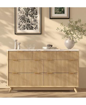 Fluted 7 Drawer Dresser with Curved Profile and Metal Handles for Bedroom, Living Room, Entryway, Closet