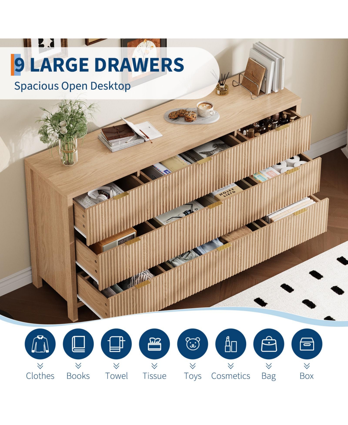 homfan 9 Drawer Dresser with Fluted Front and Metal Handles for Bedroom, Closet, Living Room, Apartment